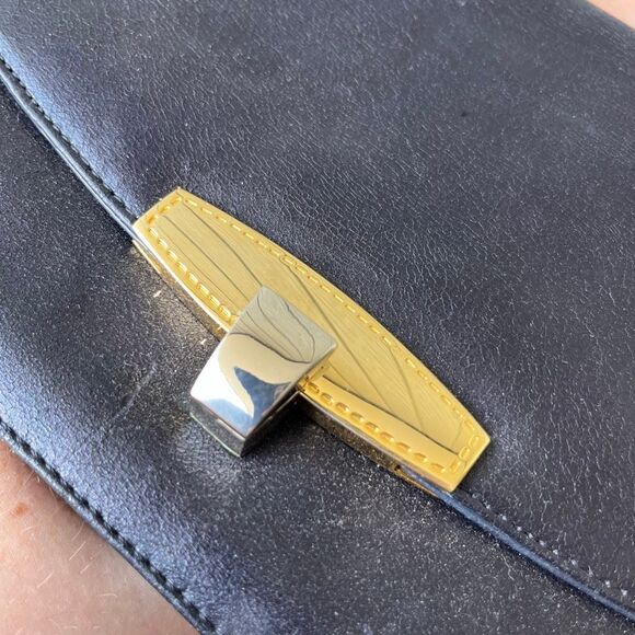 VTG 50s 60s Korent Navy Genuine Leather Top Handle Bag Gold Hardware Red Lining - Picture 4 of 14